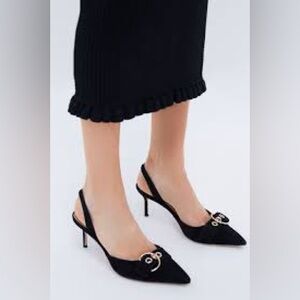 Veronica Beard Black Slingback Heels with Gold Accents